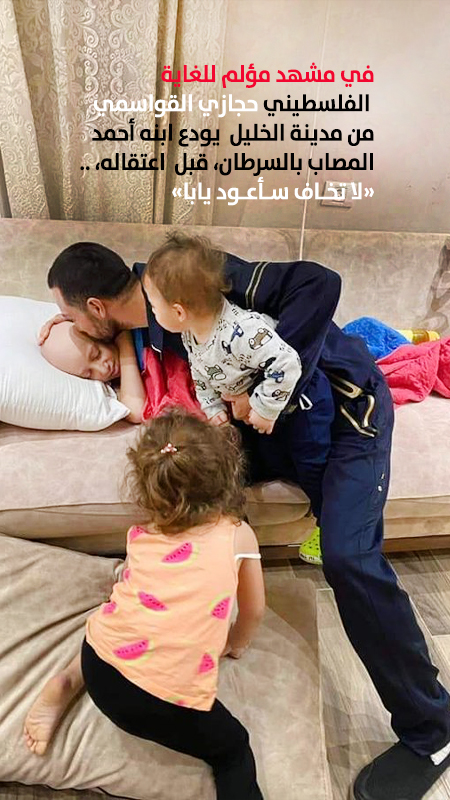 في مشهد مؤلم للغاية الفلسطيني حجازي القواسمي من مدينة الخليل يودع ابنه أحمد المصاب بالسرطان، قبل اعتقاله، .. «لا تخـاف سـأعـود يابا»